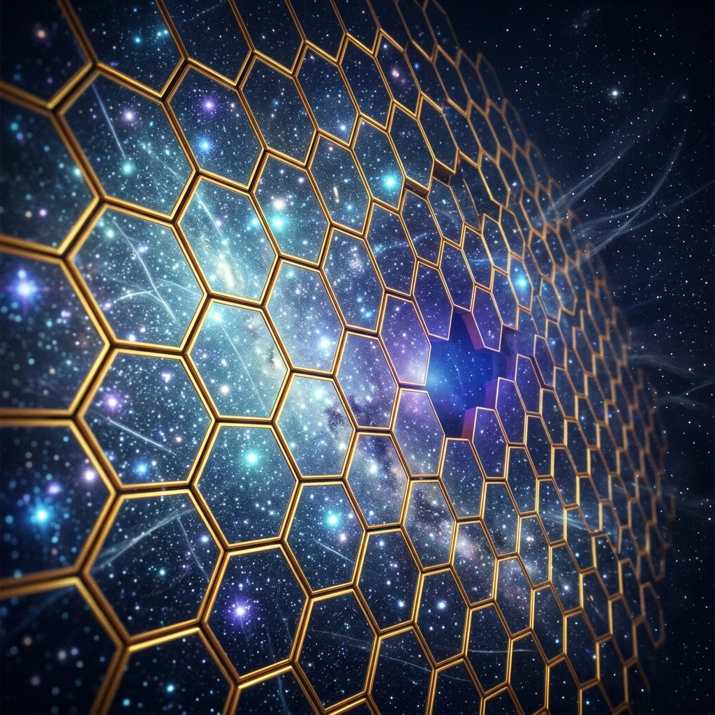 A vast honeycomb of hexagonal gold-toned mirror segments filling the frame, each perfectly flat and reflecting a field of stars, with the seams between them barely visible