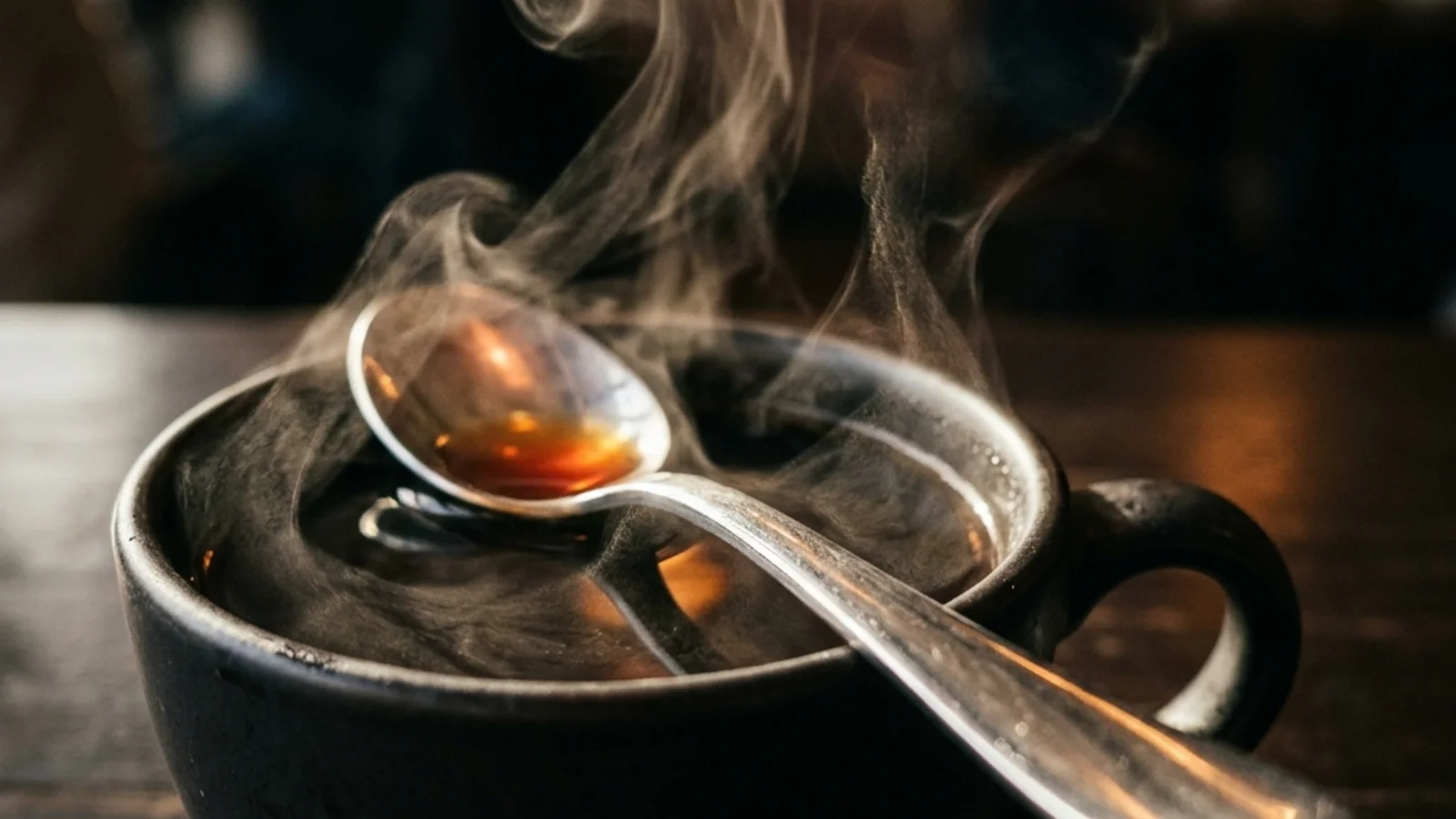 A metal spoon conducting heat from hot coffee