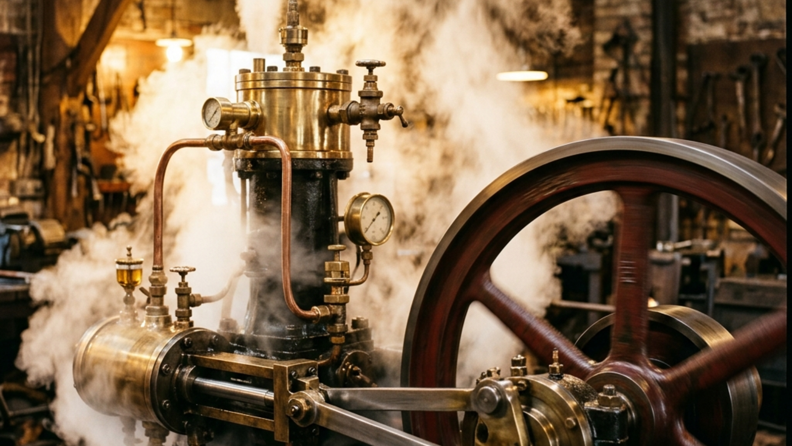 A steam engine converting heat into mechanical work