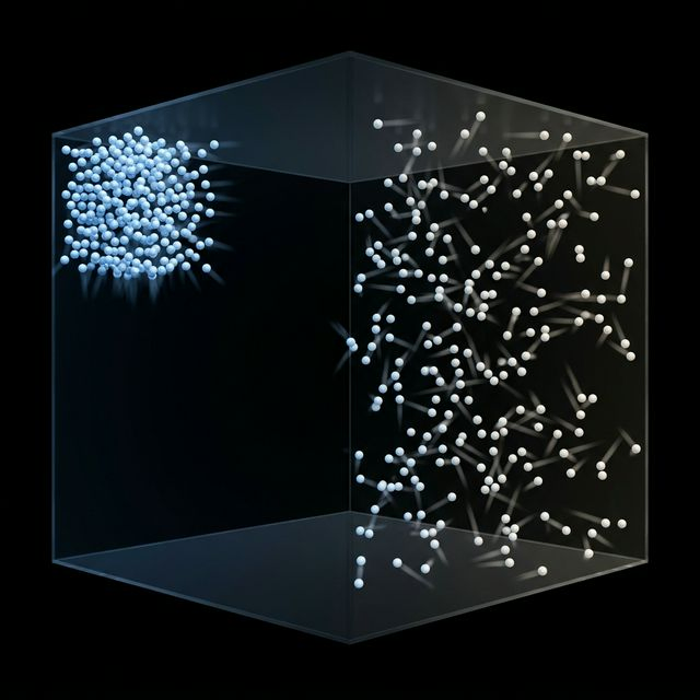 Gas molecules spreading from ordered to disordered state, illustrating Boltzmann entropy