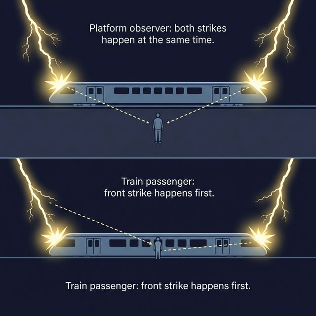 Lightning striking both ends of a moving train: simultaneous for platform observer, sequential for train passenger