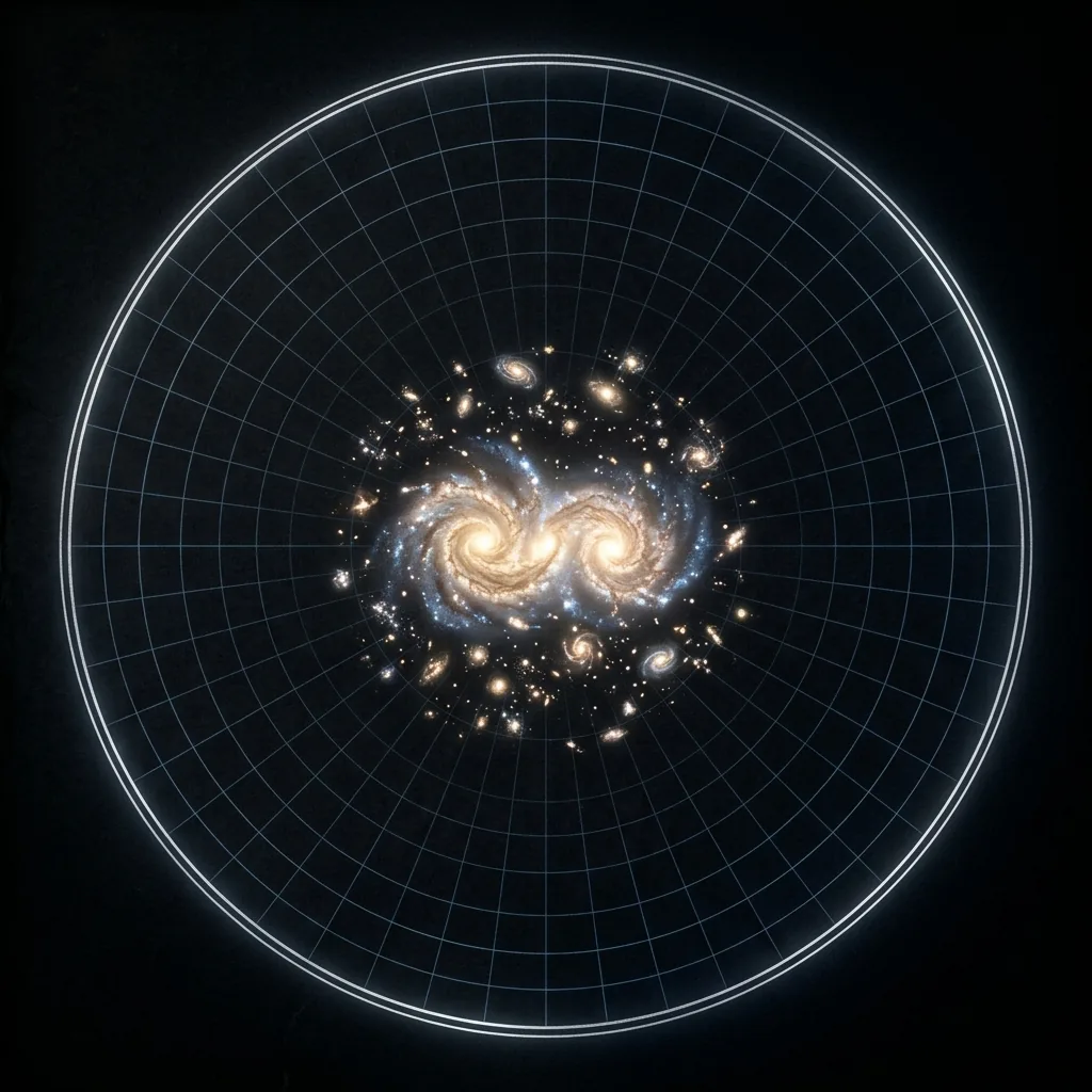 An old-fashioned chart drawn in light on a dark ground: at the centre a luminous island made of two large spiral galaxies and a scatter of small ones, around it an immense empty circle marked by a thin boundary ring, and beyond the ring nothing at all