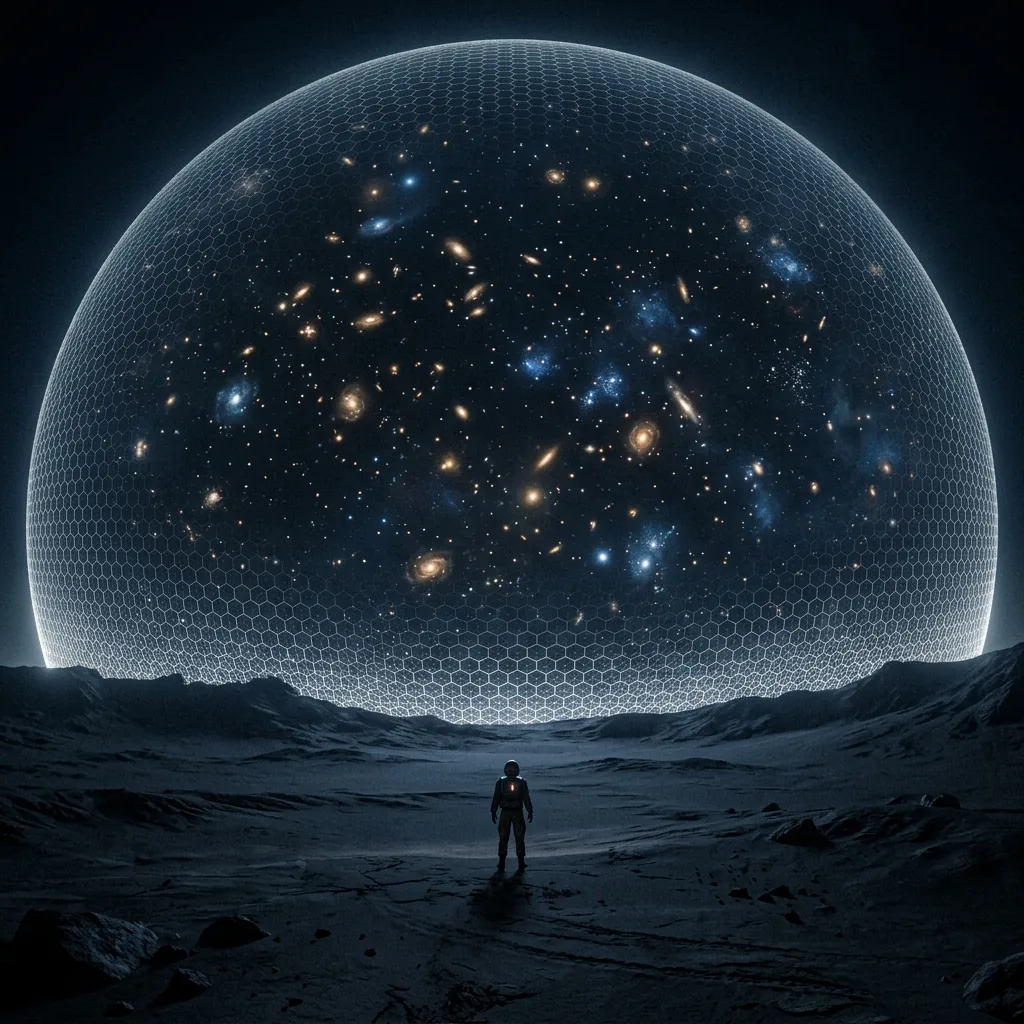 A lone figure on a dark plain beneath an enormous faintly glowing dome whose inner surface carries a fine hexagonal grid, the dome meeting the ground all around so that everything reachable lies inside it