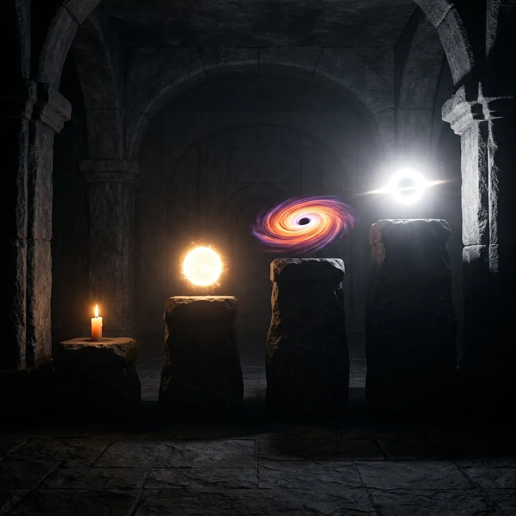 Four fires on stone pedestals rising from left to right in a dark hall: a candle flame, a small fusing star, a glowing disk of matter spiralling into a dark centre, and last a pinpoint black hole radiating pure white, brighter than all the others
