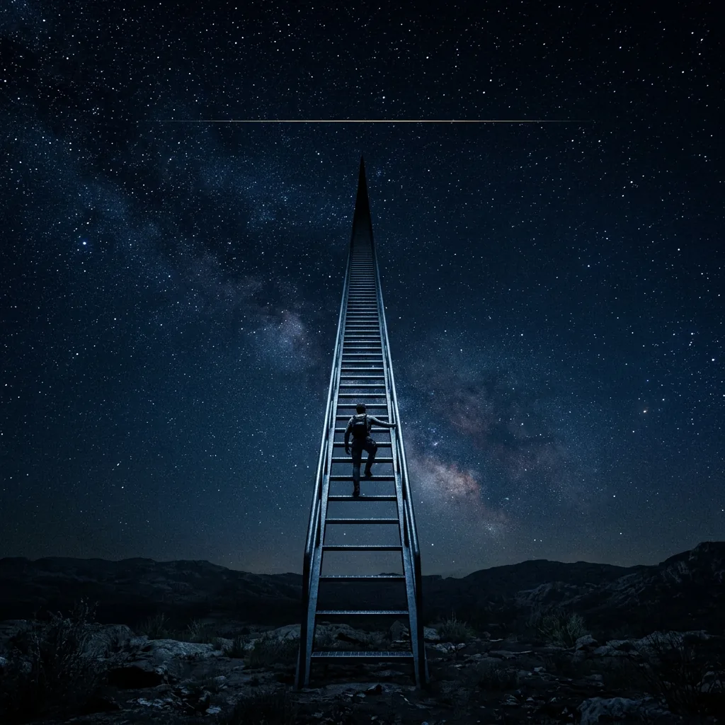 A ladder rising from a dark plain into an open night sky, a small figure partway up looking upward, and far above a single hairline of light drawn across the sky so high it can barely be told from the stars