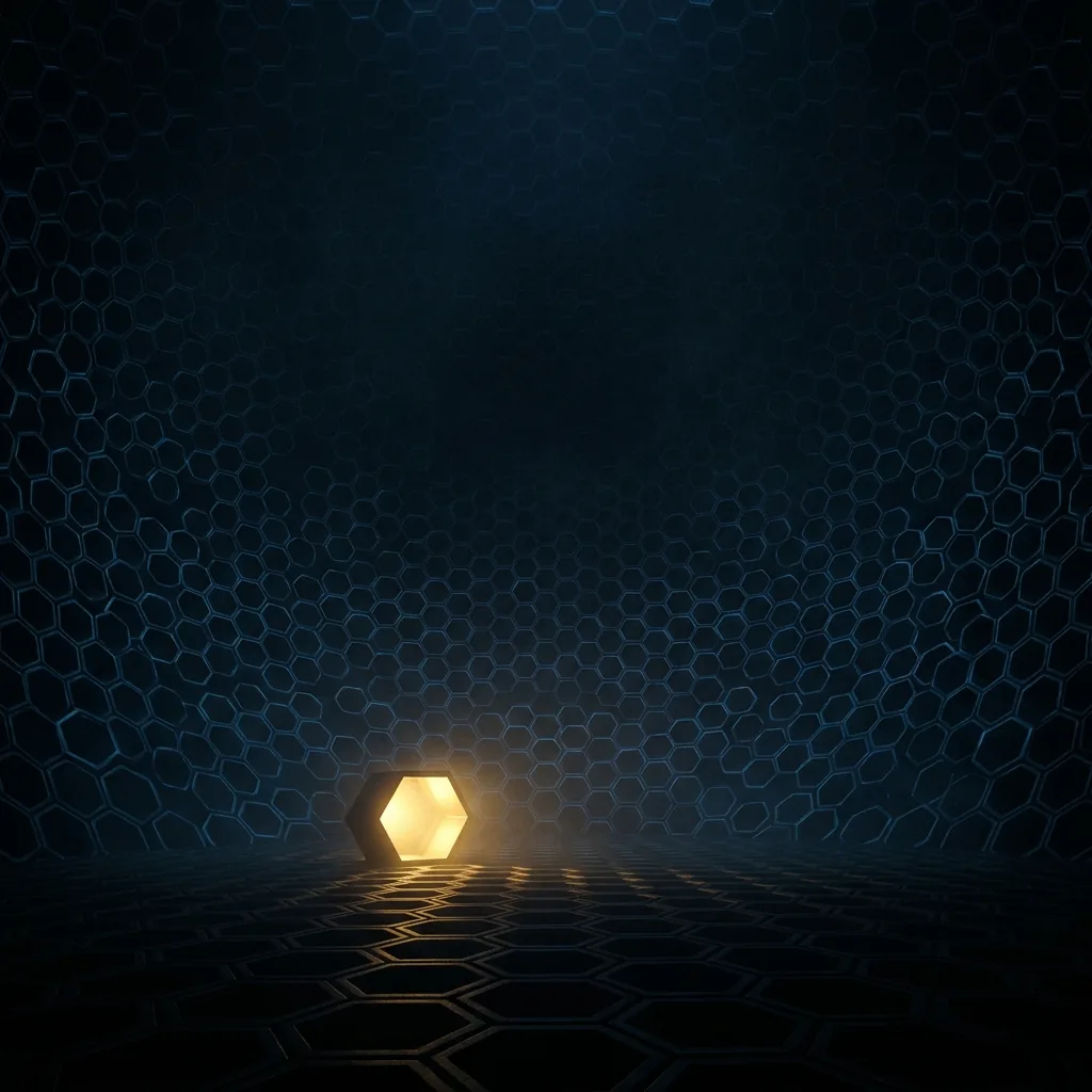 The inside of an enormous dark sphere, its surface tiled with faint identical cells stretching away in every direction, with a single cell near the bottom lit warm gold
