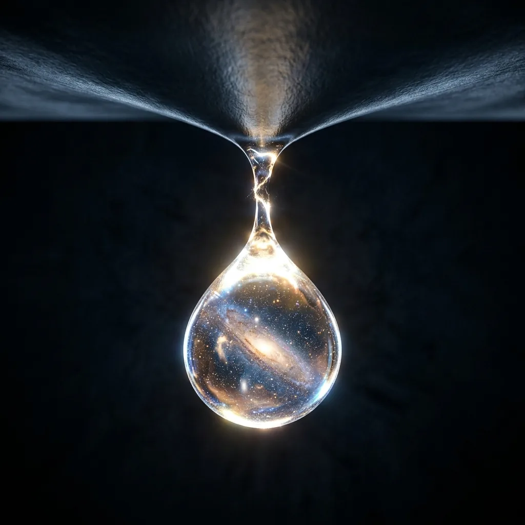 A bright luminous droplet detaching from the underside of a dark membrane, joined to it by a thin glowing neck about to break, the membrane side dim and the droplet lit from within