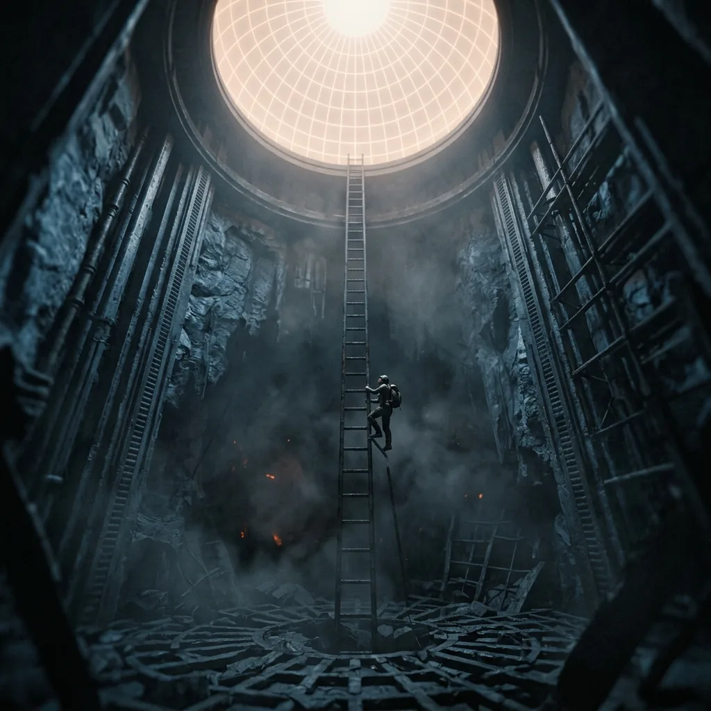 A tall dark shaft seen from inside: at the bottom a rough, cracked lattice half-hidden in fog, at the top a perfectly smooth glowing dome etched with a fine grid, and a small figure on a ladder between them looking up