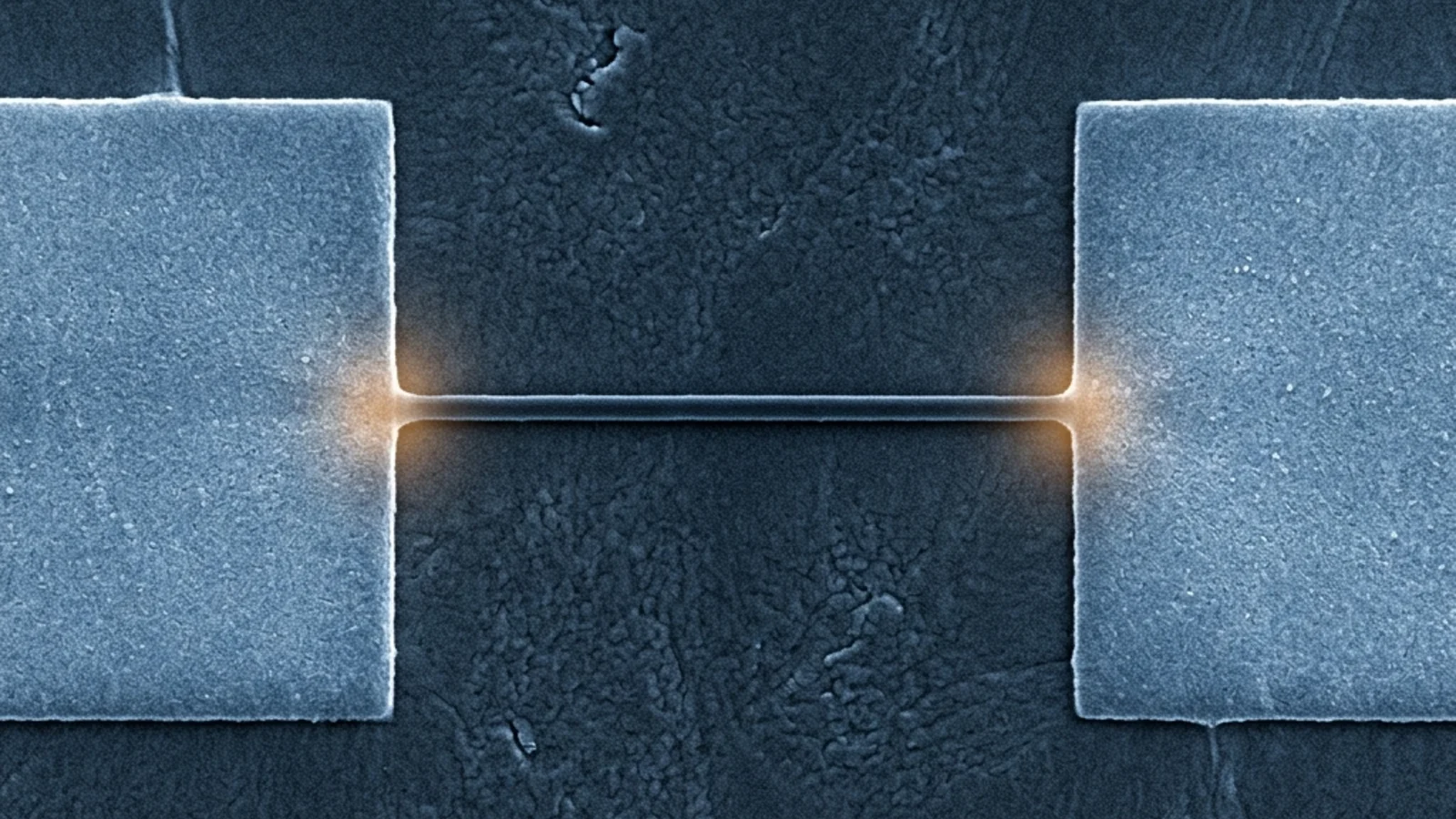 A microscope image of a clean superconducting nanowire device on a chip, with metal contacts at each end and a thin straight wire bridging them
