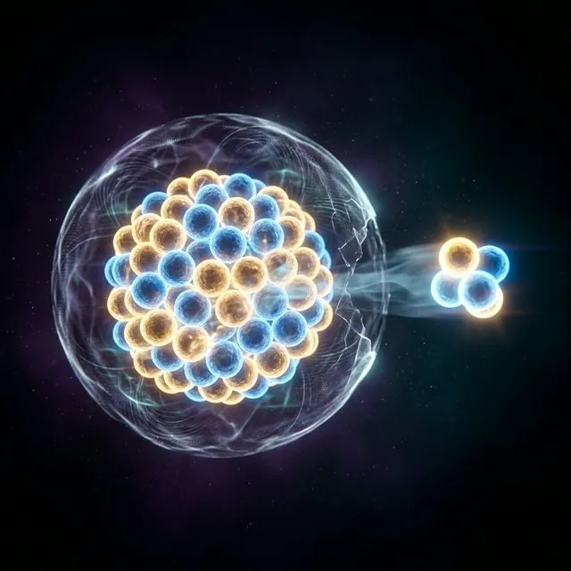 A heavy nucleus surrounded by a translucent barrier shell, with an alpha particle of two protons and two neutrons emerging through it