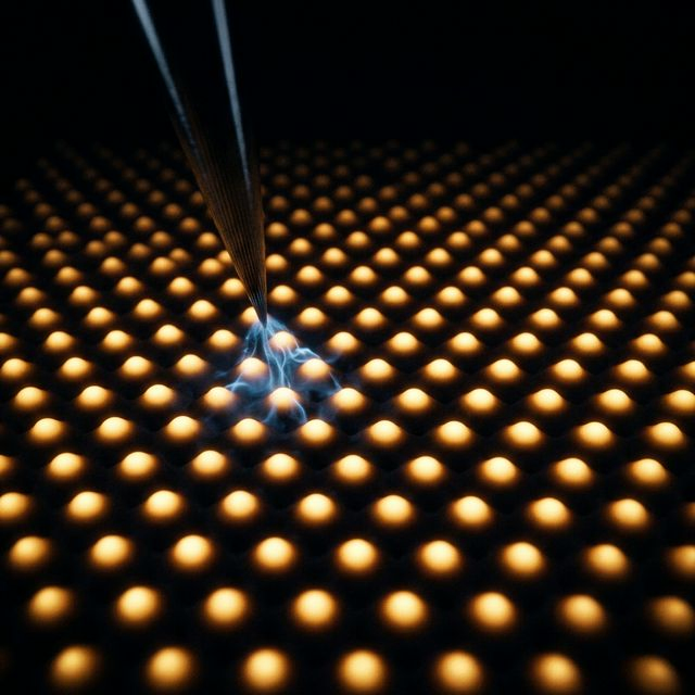 Atoms on a surface imaged by scanning tunneling microscope, showing individual atomic peaks