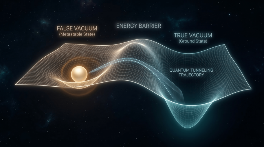 Energy landscape showing ball in metastable false vacuum dip with deeper true vacuum valley beyond a barrier