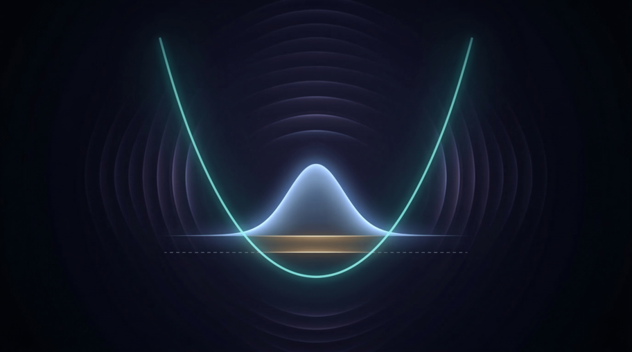 Quantum harmonic oscillator potential well with ground state wavefunction hovering above the minimum