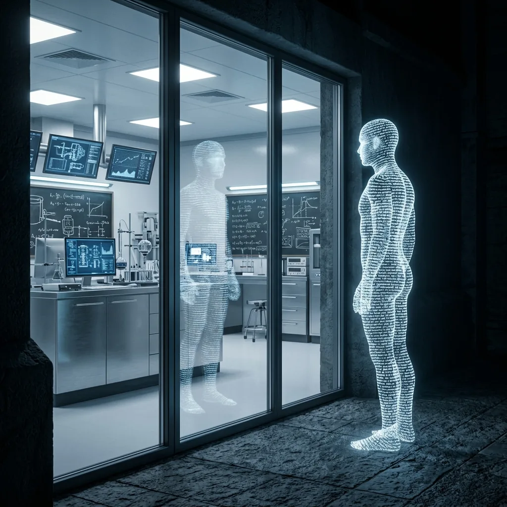 A figure standing in the dark outside the glass wall of a brightly lit sealed room full of legible instruments, charts and equations, and on the glass, faint and almost lost in the reflections of the room, the only thing not fully visible: the figure's own face