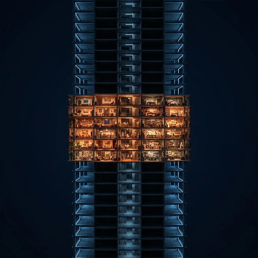 A tall tower cut open to show its floors: the middle floors warmly lit and crowded with furniture, tools, plants and people, while the floors far above and far below are bare, cold, precise and geometric, lit only by their own faint blue lines