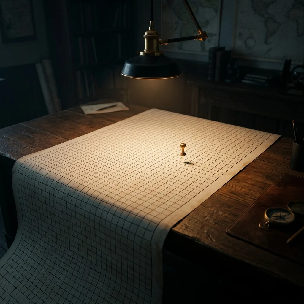 A cartographer's table under a single lamp holding an enormous blank chart ruled into thousands of identical squares that run off every edge of the table, with one small brass pin pressed into one square