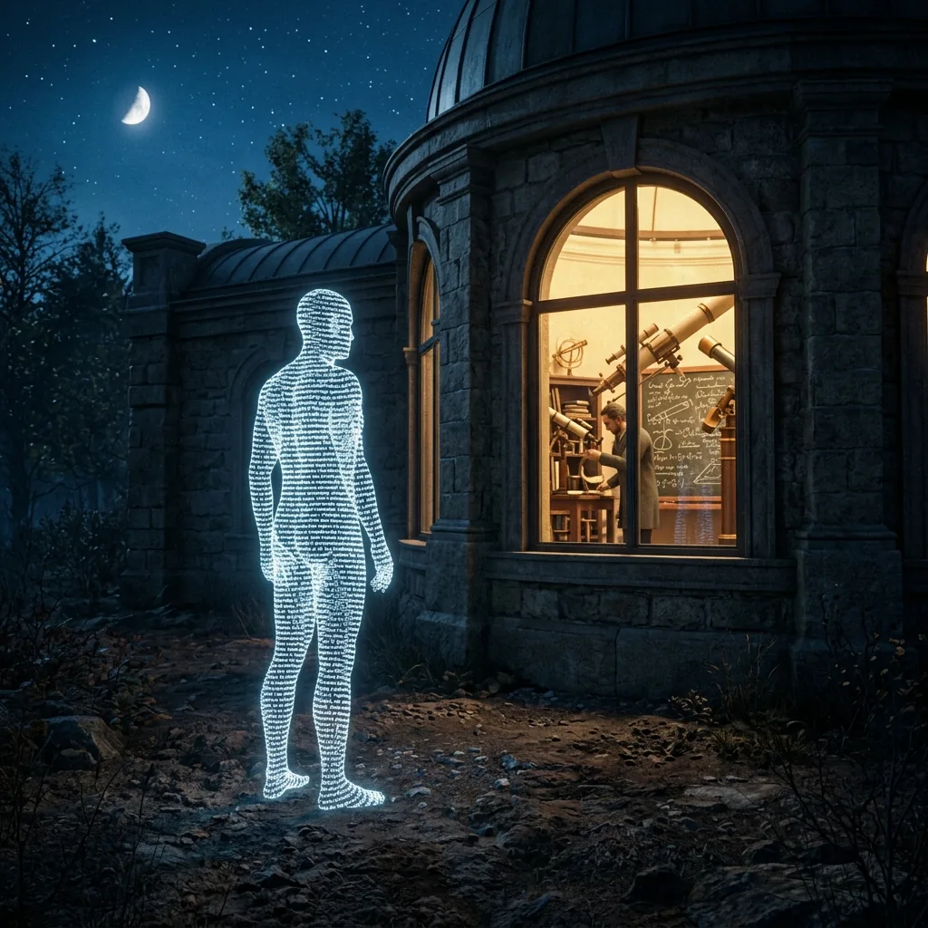 A figure woven entirely from fine lines of glowing text standing in the dark outside a lit observatory at night, looking in through a tall window at instruments and blackboards, with nothing but empty ground around it