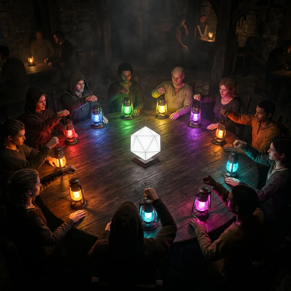 A round dark table with many people seated around it, each holding a lantern of a different colour so that everything near them is tinted differently, and at the centre one white geometric solid that every lantern lights exactly the same