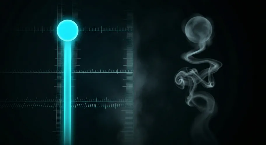 Two panels side by side against black: on the left a sharp bright particle with a clean track measured against a finely ruled scale, on the right a formless drifting haze of smoke with no scale at all