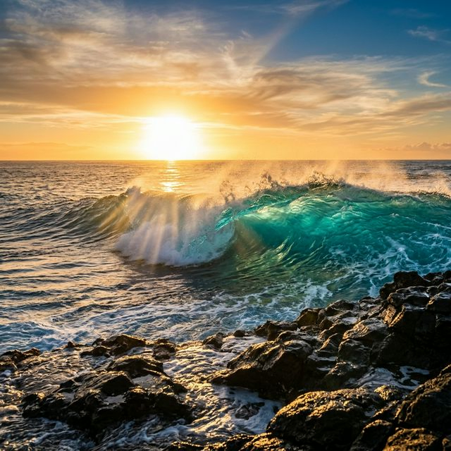 Ocean waves rolling toward a rocky coastline at golden hour
