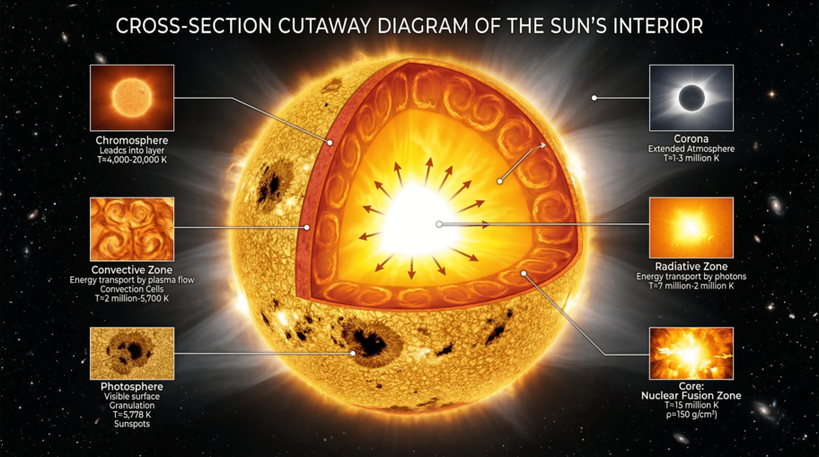 Cross-Section of Sun Showing Nuclear Fusion in Core Powered by Weak Force