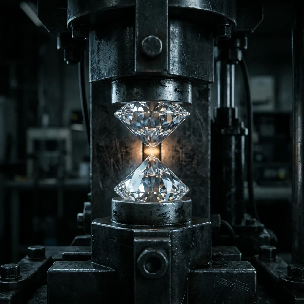 Two faceted diamond tips meeting point to point in a dark steel press, a speck of glowing material trapped between them, cool light on the metal and one warm gold glint on the sample