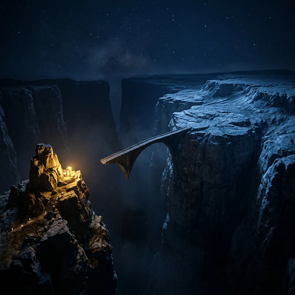 Two plateaus of rock in darkness separated by a chasm, the left one tiny and lit warm gold, the right one vast and lit cold blue, and a thin bridge that reaches from neither side