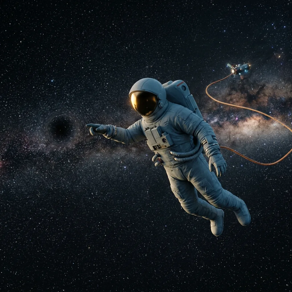 A gloved hand in a spacesuit reaching toward a single point of white light in open space, a safety line trailing back toward a distant ship, nothing else in the frame