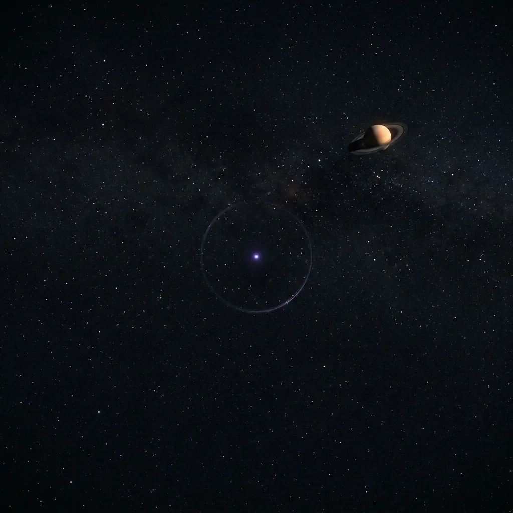 Deep space near the orbit of Saturn, the ringed planet small in the distance, and in the foreground a single faint violet point of light with nothing around it, drifting