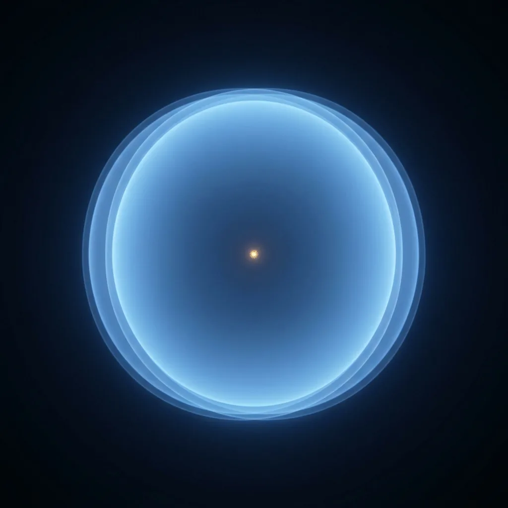 Two soft spheres of blue light overlapping almost completely so that they read as one brighter sphere with two faint centres, in darkness