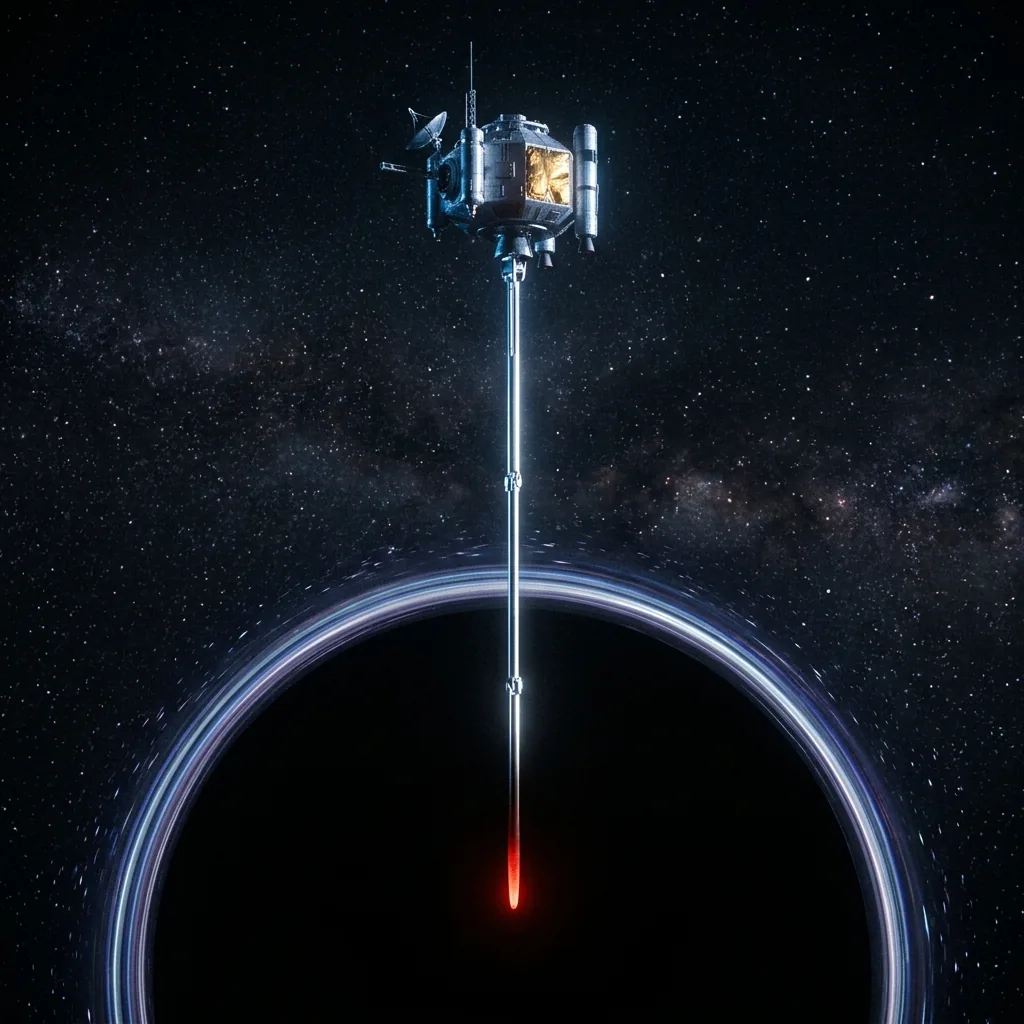 A long thin pole lowered from a distant ship toward a vast dark horizon that fills the lower half of the frame, its tip glowing dull red where it meets the blackness, the shaft above it bright and unharmed