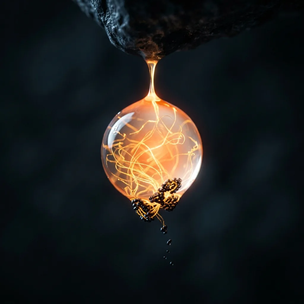 A small brilliant droplet of orange-white liquid hanging in darkness, its surface alive with fine bright threads, and at its edge the threads knotting themselves into tiny dark beads as they leave