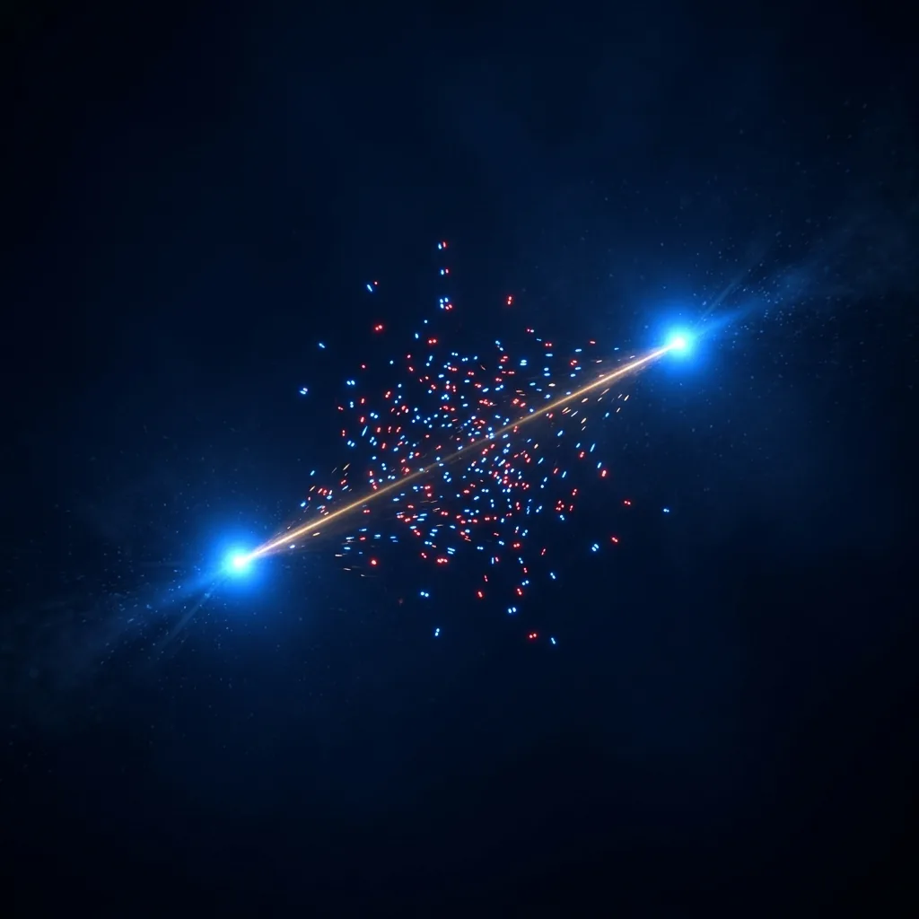 Two points of blue light being forced together in darkness, and between them a small spray of paired sparks, each pair one blue and one red dot, appearing out of nothing