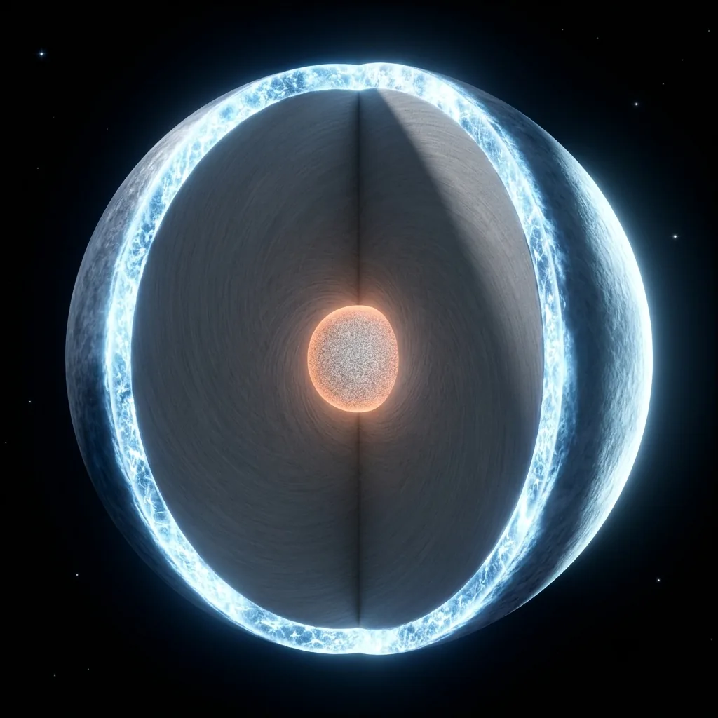A cross-section of a neutron star drawn in light: a thin bright crust, a deep uniform grey interior, and at the very centre a small sphere of a different texture, fine and grainy and faintly orange