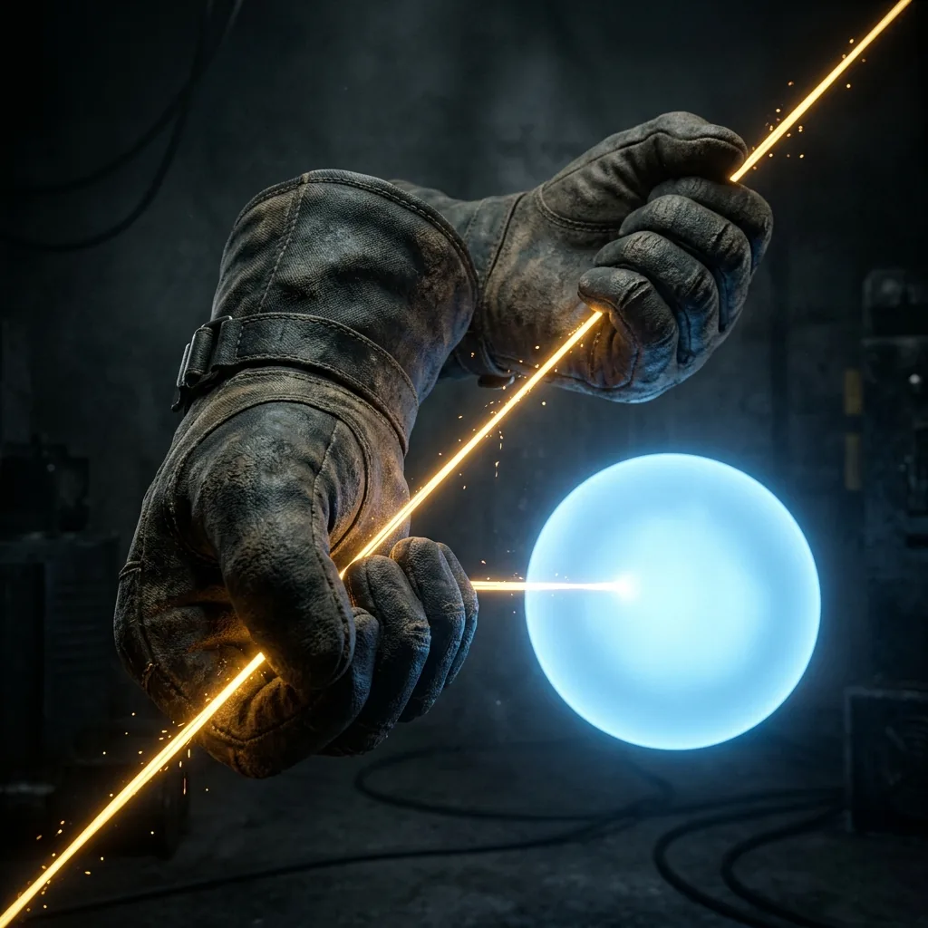 A pair of enormous hands gripping a single glowing thread that runs taut into a soft luminous sphere, the thread bright and straining, the sphere unbothered