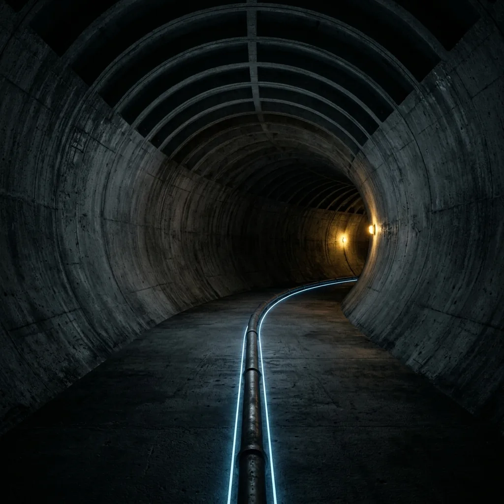 A vast dark circular tunnel curving away out of sight, a single narrow pipe running down its centre, lit from below by a faint blue line, one warm gold lamp far ahead