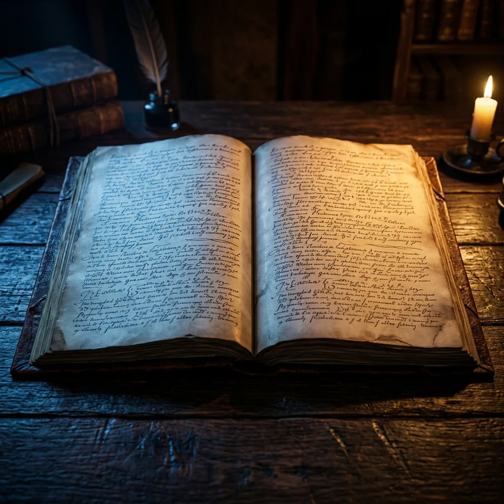Two open ledgers lying side by side on a dark table, one lit cold blue and one warm gold, their facing pages carrying the same fine lines of handwriting that do not quite agree