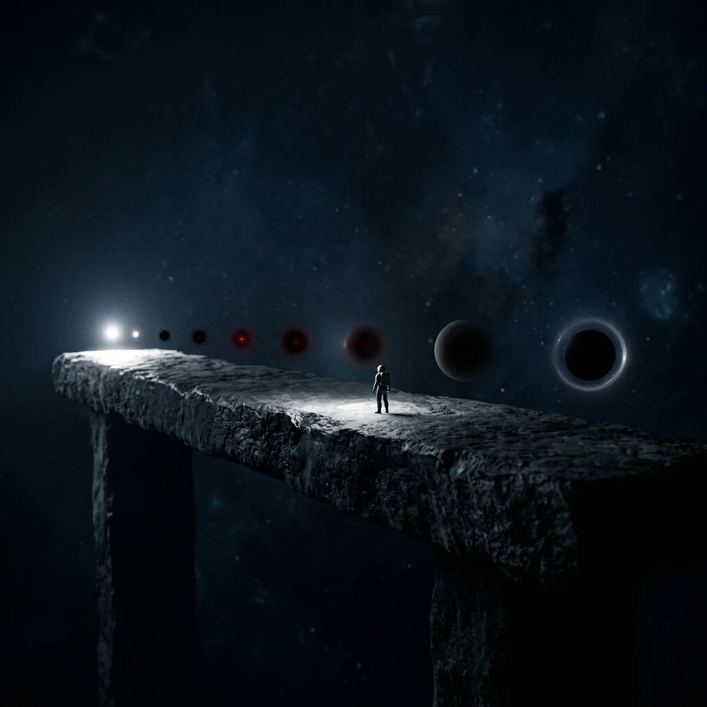 A row of black holes on a long dark bench, from a blazing white pinprick at the left to a dull sand-grain-sized black sphere at the right, a small human figure standing between them with nowhere safe to stand